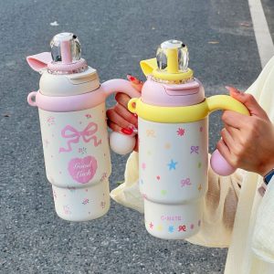 900ml Cute Kids Insulated Water Bottle with Straw & Handle, Cute Cartoon Design Leak-Proof Vacuum Flask Hot and Cold Thermos - 图片 8