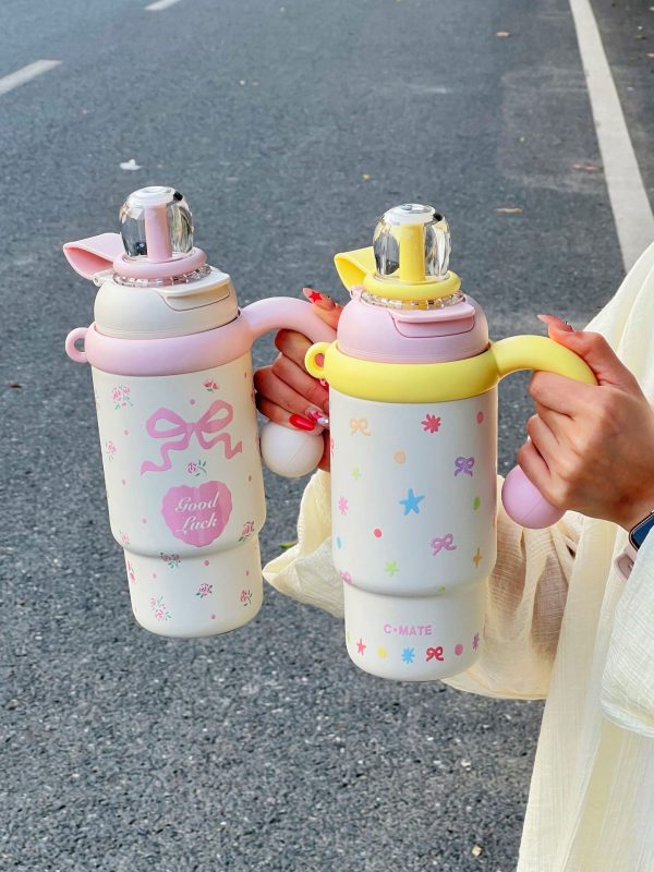 Kids Thermos bottle (1) 900ml Cute Kids Insulated Water Bottle with Straw & Handle, Cute Cartoon Design Leak-Proof Vacuum Flask Hot and Cold Thermos