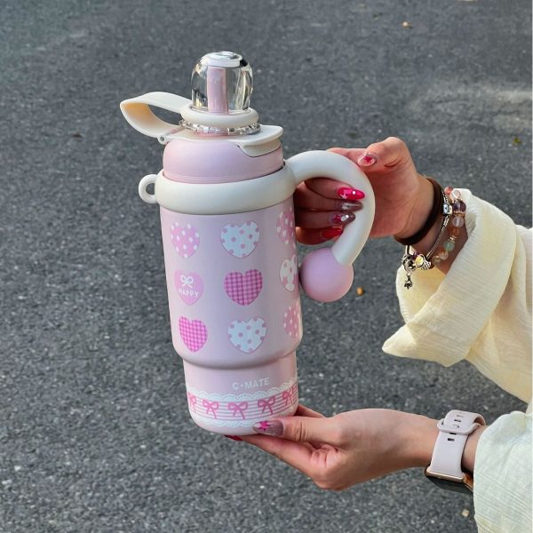 Kids Thermos bottle (17) 900ml Cute Kids Insulated Water Bottle with Straw & Handle, Cute Cartoon Design Leak-Proof Vacuum Flask Hot and Cold Thermos