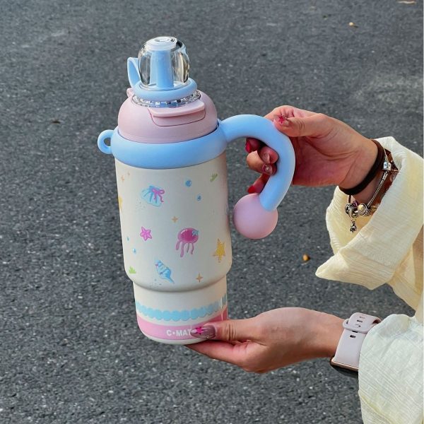 Kids Thermos bottle (18) 900ml Cute Kids Insulated Water Bottle with Straw & Handle, Cute Cartoon Design Leak-Proof Vacuum Flask Hot and Cold Thermos