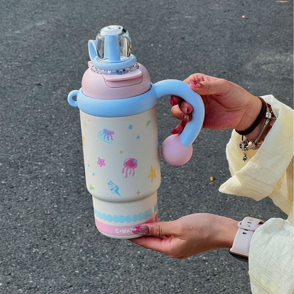 900ml Cute Kids Insulated Water Bottle with Straw & Handle, Cute Cartoon Design Leak-Proof Vacuum Flask Hot and Cold Thermos - 图片 11