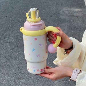 900ml Cute Kids Insulated Water Bottle with Straw & Handle, Cute Cartoon Design Leak-Proof Vacuum Flask Hot and Cold Thermos - 图片 12