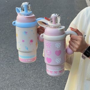 900ml Cute Kids Insulated Water Bottle with Straw & Handle, Cute Cartoon Design Leak-Proof Vacuum Flask Hot and Cold Thermos - 图片 7