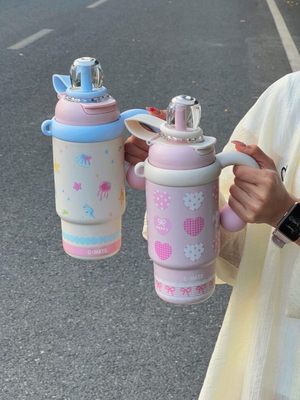 Kids Thermos bottle (2) 900ml Cute Kids Insulated Water Bottle with Straw & Handle, Cute Cartoon Design Leak-Proof Vacuum Flask Hot and Cold Thermos