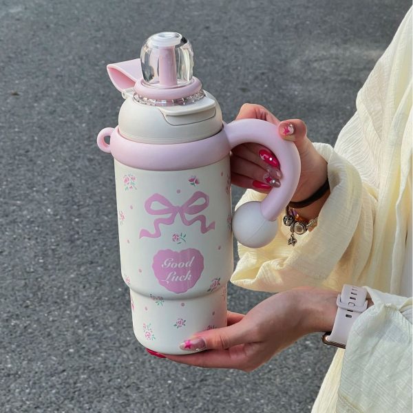 Kids Thermos bottle (20) 900ml Cute Kids Insulated Water Bottle with Straw & Handle, Cute Cartoon Design Leak-Proof Vacuum Flask Hot and Cold Thermos