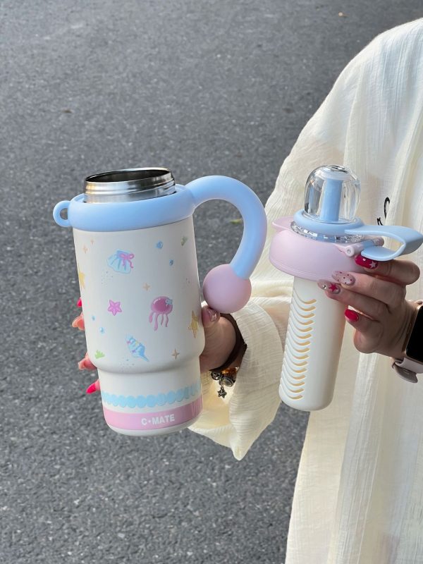 Kids Thermos bottle (3) 900ml Cute Kids Insulated Water Bottle with Straw & Handle, Cute Cartoon Design Leak-Proof Vacuum Flask Hot and Cold Thermos