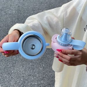 900ml Cute Kids Insulated Water Bottle with Straw & Handle, Cute Cartoon Design Leak-Proof Vacuum Flask Hot and Cold Thermos - 图片 5