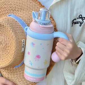 Kids Thermos bottle (5) 900ml Cute Kids Insulated Water Bottle with Straw & Handle, Cute Cartoon Design Leak-Proof Vacuum Flask Hot and Cold Thermos