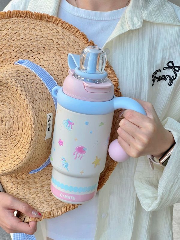 Kids Thermos bottle (5) 900ml Cute Kids Insulated Water Bottle with Straw & Handle, Cute Cartoon Design Leak-Proof Vacuum Flask Hot and Cold Thermos