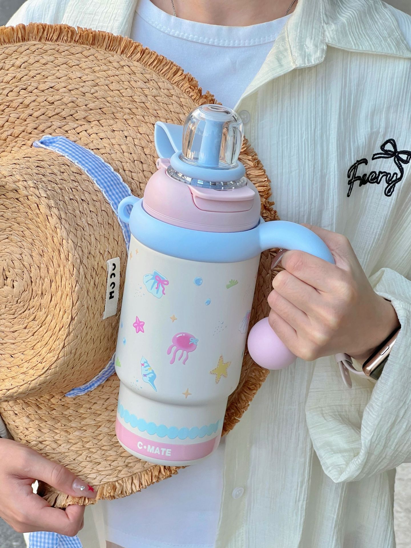 900ml Cute Kids Insulated Water Bottle with Straw & Handle, Cute Cartoon Design Leak-Proof Vacuum Flask Hot and Cold Thermos - 图片 1
