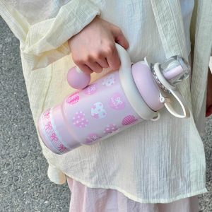 900ml Cute Kids Insulated Water Bottle with Straw & Handle, Cute Cartoon Design Leak-Proof Vacuum Flask Hot and Cold Thermos - 图片 4