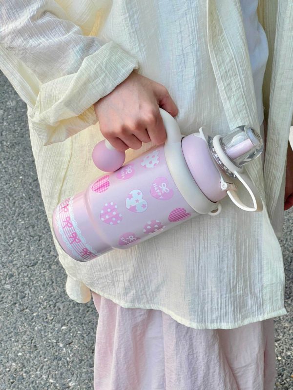 Kids Thermos bottle (6) 900ml Cute Kids Insulated Water Bottle with Straw & Handle, Cute Cartoon Design Leak-Proof Vacuum Flask Hot and Cold Thermos