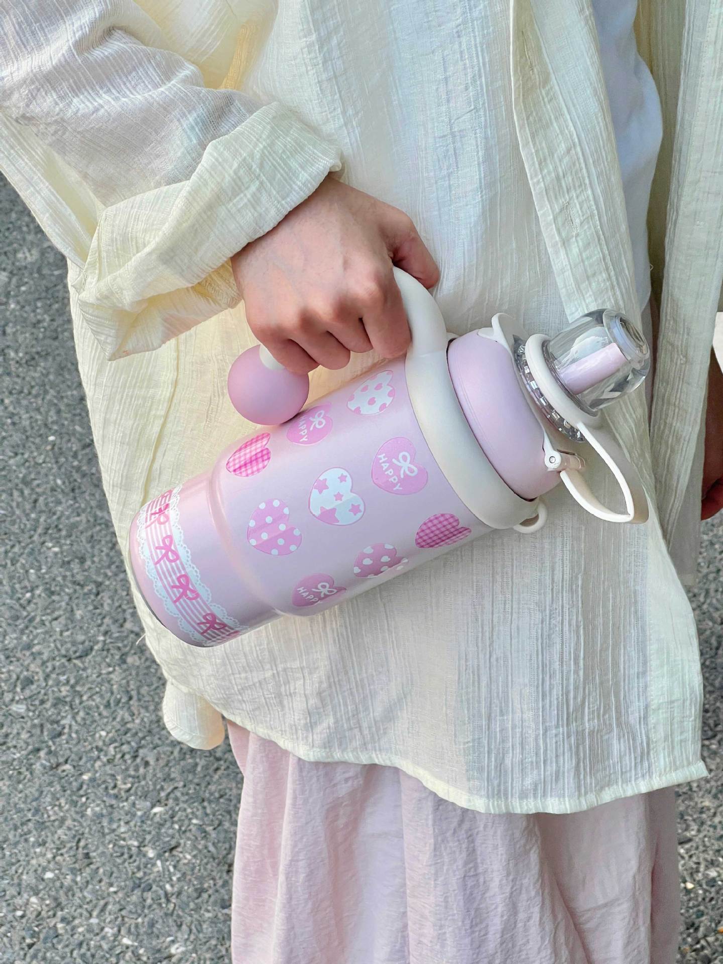 900ml Cute Kids Insulated Water Bottle with Straw & Handle, Cute Cartoon Design Leak-Proof Vacuum Flask Hot and Cold Thermos - 图片 4