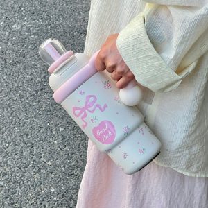 900ml Cute Kids Insulated Water Bottle with Straw & Handle, Cute Cartoon Design Leak-Proof Vacuum Flask Hot and Cold Thermos - 图片 3