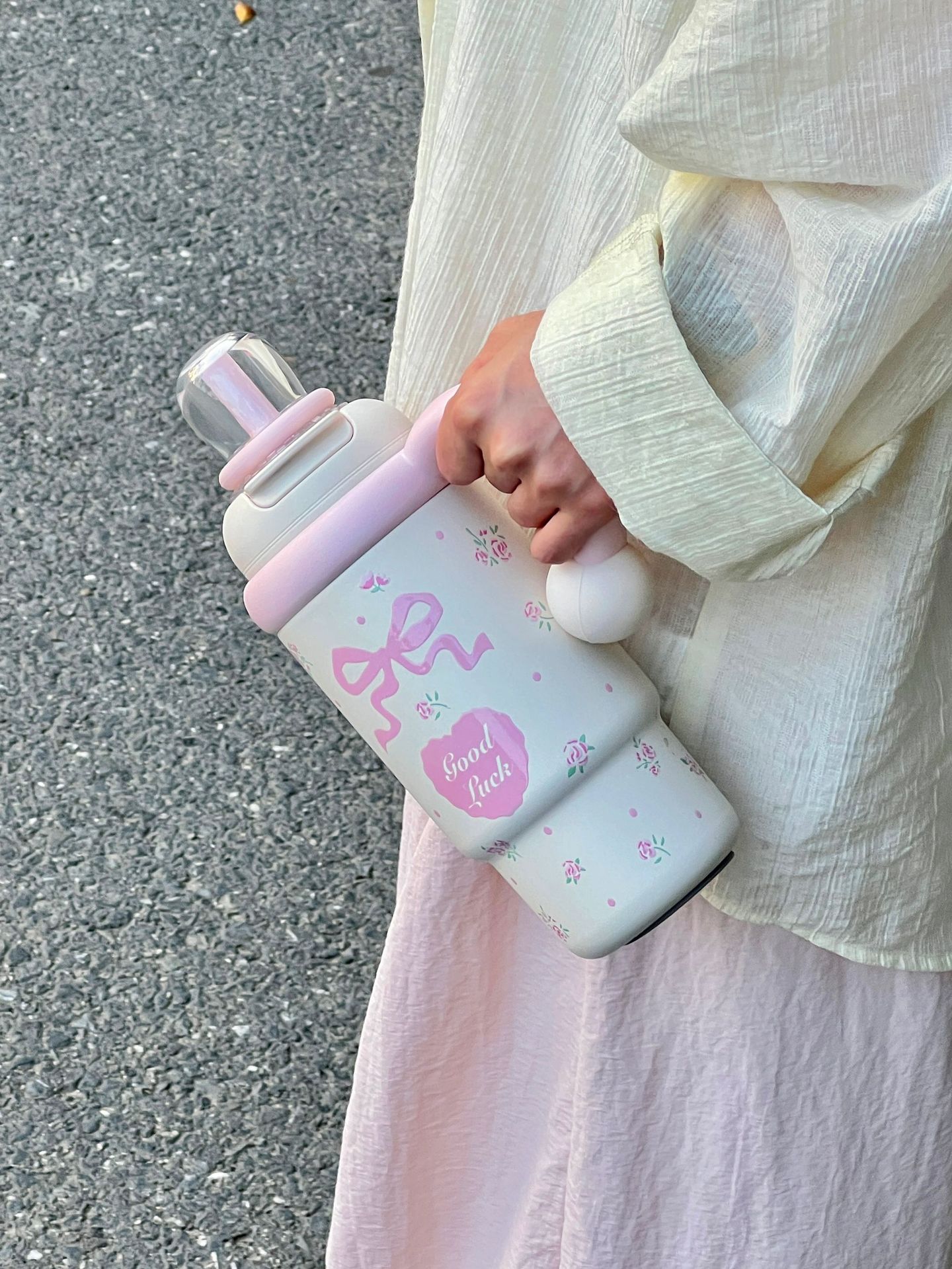 900ml Cute Kids Insulated Water Bottle with Straw & Handle, Cute Cartoon Design Leak-Proof Vacuum Flask Hot and Cold Thermos - 图片 3