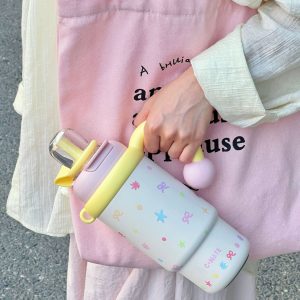 900ml Cute Kids Insulated Water Bottle with Straw & Handle, Cute Cartoon Design Leak-Proof Vacuum Flask Hot and Cold Thermos - 图片 2