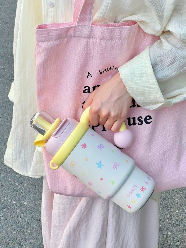 Kids Thermos bottle (8) 900ml Cute Kids Insulated Water Bottle with Straw & Handle, Cute Cartoon Design Leak-Proof Vacuum Flask Hot and Cold Thermos