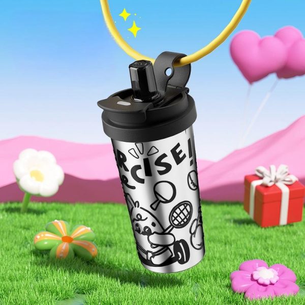 portable thermo cup (3) Attractive Cartoon Insulated Coffee Water Bottle, 530ml Large Capacity 316 Stainless Steel Thickened Straw Cup for Home