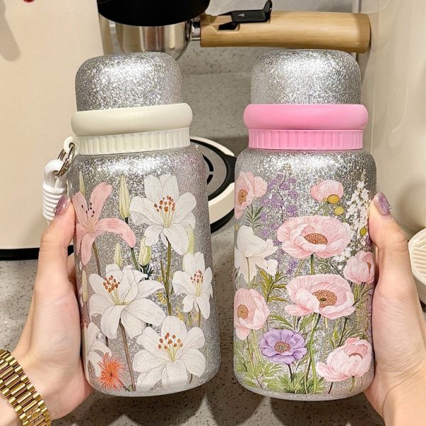 Stylish Floral Design Titanium-Coated Insulated Vacuum Cup, Stainless Steel Coffee Tea Water Bottle for Women – Wholesale Option