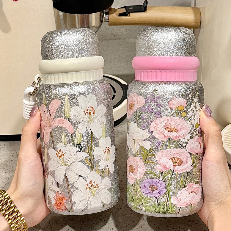 Stylish Floral Design Titanium-Coated Insulated Vacuum Cup, Stainless Steel Coffee Tea Water Bottle for Women – Wholesale Option - 图片 1