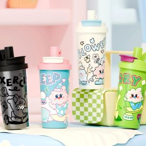 thermo cup (1) Attractive Cartoon Insulated Coffee Water Bottle, 530ml Large Capacity 316 Stainless Steel Thickened Straw Cup for Home