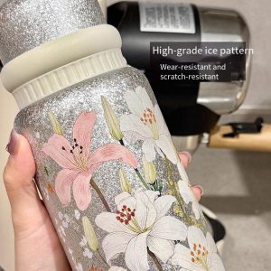 Stylish Floral Design Titanium-Coated Insulated Vacuum Cup, Stainless Steel Coffee Tea Water Bottle for Women – Wholesale Option - 图片 2