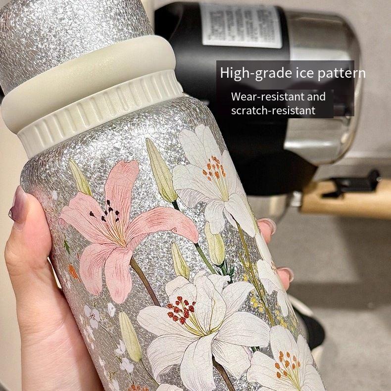 Stylish Floral Design Titanium-Coated Insulated Vacuum Cup, Stainless Steel Coffee Tea Water Bottle for Women – Wholesale Option - 图片 2