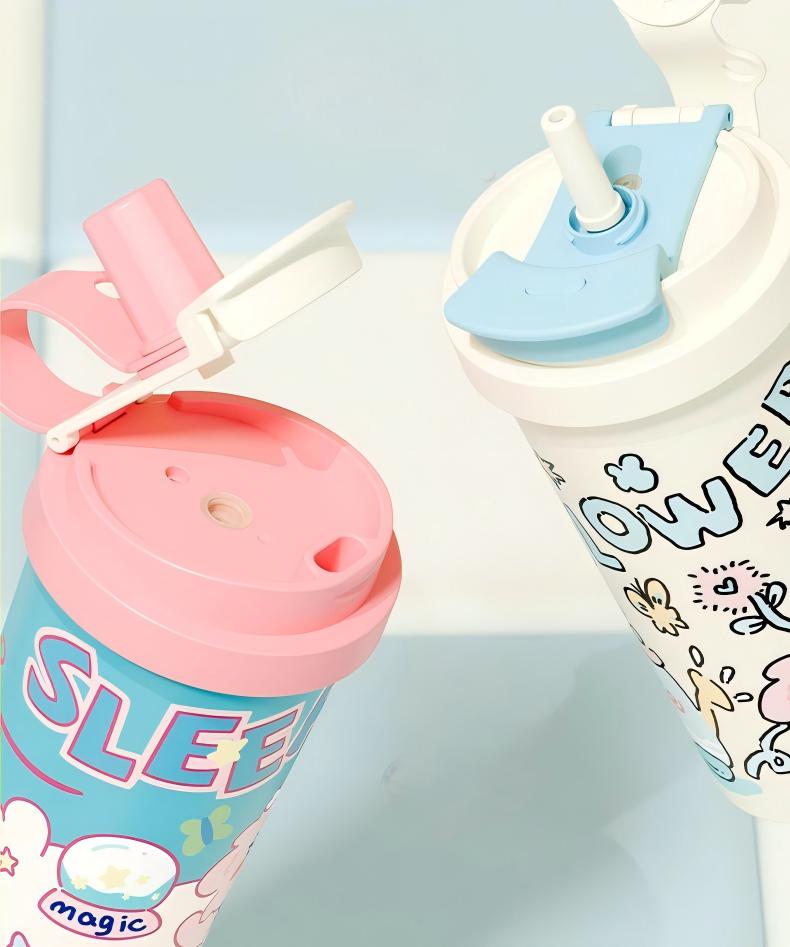 Attractive Cartoon Insulated Coffee Water Bottle, 530ml Large Capacity 316 Stainless Steel Thickened Straw Cup for Home - 图片 3