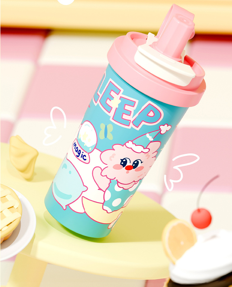 Attractive Cartoon Insulated Coffee Water Bottle, 530ml Large Capacity 316 Stainless Steel Thickened Straw Cup for Home - 图片 6