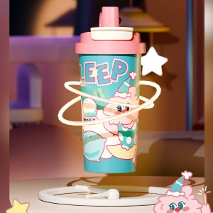 Attractive Cartoon Insulated Coffee Water Bottle, 530ml Large Capacity 316 Stainless Steel Thickened Straw Cup for Home - 图片 5