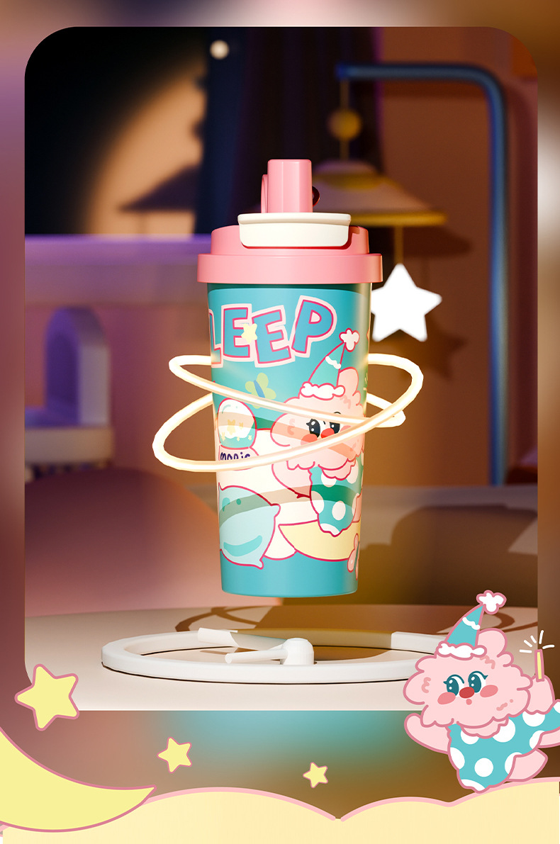 Attractive Cartoon Insulated Coffee Water Bottle, 530ml Large Capacity 316 Stainless Steel Thickened Straw Cup for Home - 图片 5