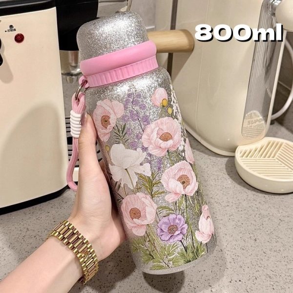Stylish Floral Design Titanium-Coated Insulated Vacuum Cup, Stainless Steel Coffee Tea Water Bottle for Women – Wholesale Option