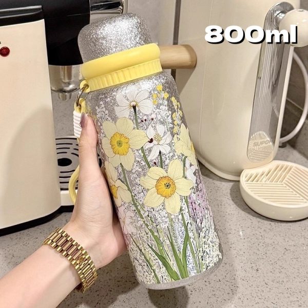 Stylish Floral Design Titanium-Coated Insulated Vacuum Cup, Stainless Steel Coffee Tea Water Bottle for Women – Wholesale Option