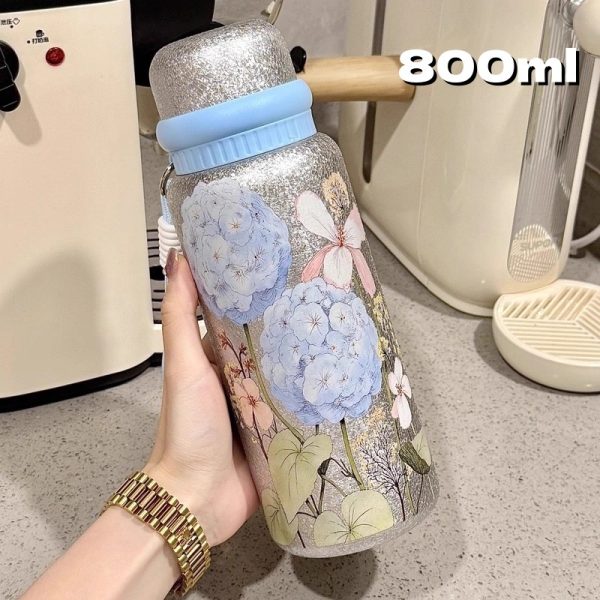 Stylish Floral Design Titanium-Coated Insulated Vacuum Cup, Stainless Steel Coffee Tea Water Bottle for Women – Wholesale Option
