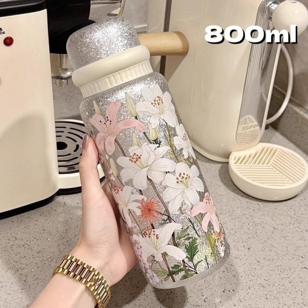 Stylish Floral Design Titanium-Coated Insulated Vacuum Cup, Stainless Steel Coffee Tea Water Bottle for Women – Wholesale Option
