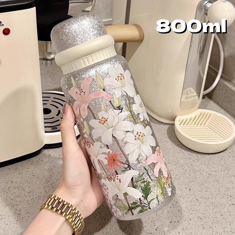 Stylish Floral Design Titanium-Coated Insulated Vacuum Cup, Stainless Steel Coffee Tea Water Bottle for Women – Wholesale Option - 图片 11