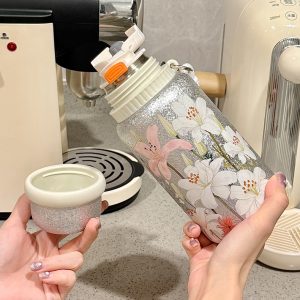 Stylish Floral Design Titanium-Coated Insulated Vacuum Cup, Stainless Steel Coffee Tea Water Bottle for Women – Wholesale Option - 图片 3