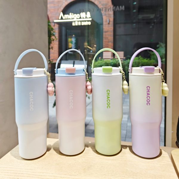thermos bottle (13) Gradient Color Insulated Water Bottle with Carrying Handle & Charm Pendant, 900ml Stylish Portable Thermos Cup for Daily Use