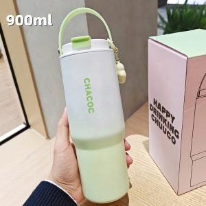 Gradient Color Insulated Water Bottle with Carrying Handle & Charm Pendant, 900ml Stylish Portable Thermos Cup for Daily Use - 图片 8