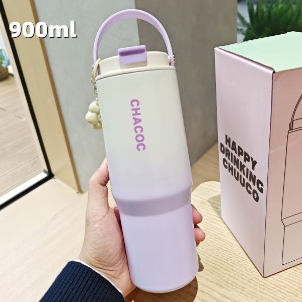 thermos bottle (16) Gradient Color Insulated Water Bottle with Carrying Handle & Charm Pendant, 900ml Stylish Portable Thermos Cup for Daily Use