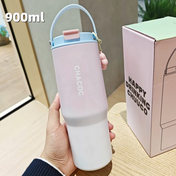 thermos bottle (17) Gradient Color Insulated Water Bottle with Carrying Handle & Charm Pendant, 900ml Stylish Portable Thermos Cup for Daily Use