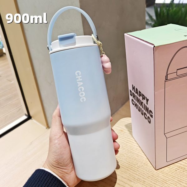 thermos bottle (18) Gradient Color Insulated Water Bottle with Carrying Handle & Charm Pendant, 900ml Stylish Portable Thermos Cup for Daily Use