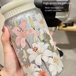 Stylish Floral Design Titanium-Coated Insulated Vacuum Cup, Stainless Steel Coffee Tea Water Bottle for Women – Wholesale Option - 图片 5