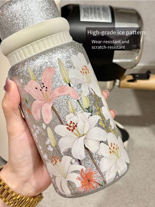 Stylish Floral Design Titanium-Coated Insulated Vacuum Cup, Stainless Steel Coffee Tea Water Bottle for Women – Wholesale Option