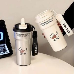 主图_01 Cute Cat & Dog Design Insulated Coffee Cup for Women, Stylish 2-in-1 Straw & Direct Drink Portable Stainless Steel Thermos Water Bottle