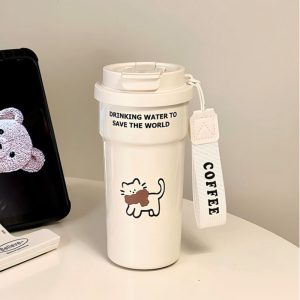 Cute Cat & Dog Design Insulated Coffee Cup for Women, Stylish 2-in-1 Straw & Direct Drink Portable Stainless Steel Thermos Water Bottle - 图片 3