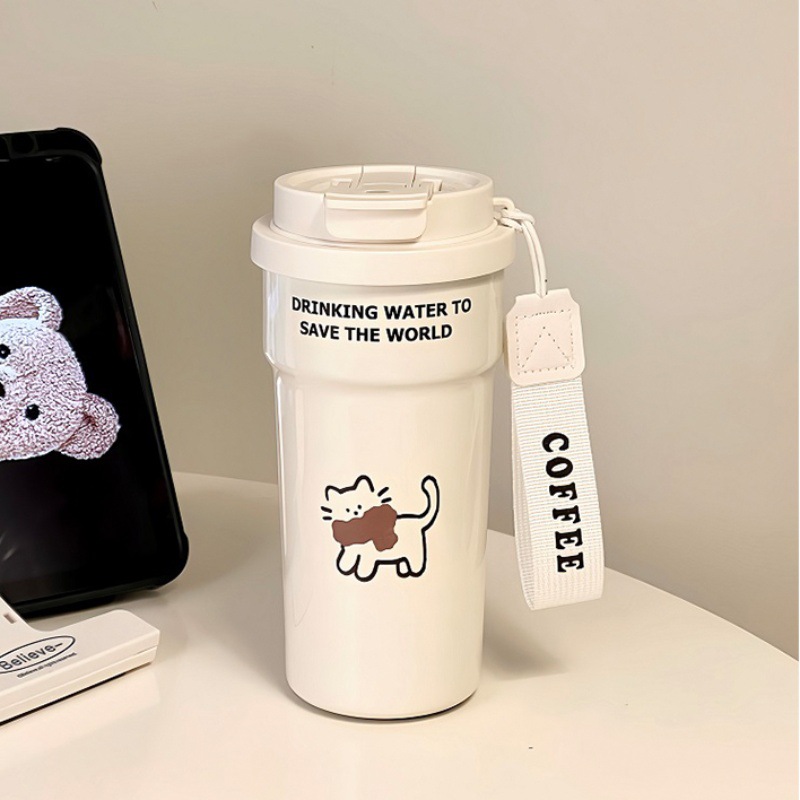 Cute Cat & Dog Design Insulated Coffee Cup for Women, Stylish 2-in-1 Straw & Direct Drink Portable Stainless Steel Thermos Water Bottle - 图片 3