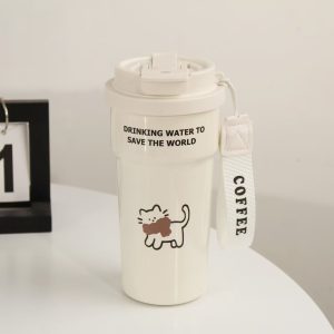 Cute Cat & Dog Design Insulated Coffee Cup for Women, Stylish 2-in-1 Straw & Direct Drink Portable Stainless Steel Thermos Water Bottle - 图片 4