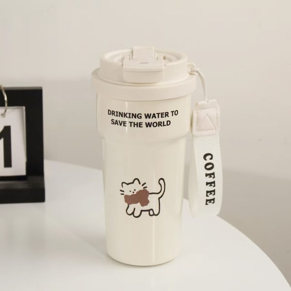 主图_07 Cute Cat & Dog Design Insulated Coffee Cup for Women, Stylish 2-in-1 Straw & Direct Drink Portable Stainless Steel Thermos Water Bottle