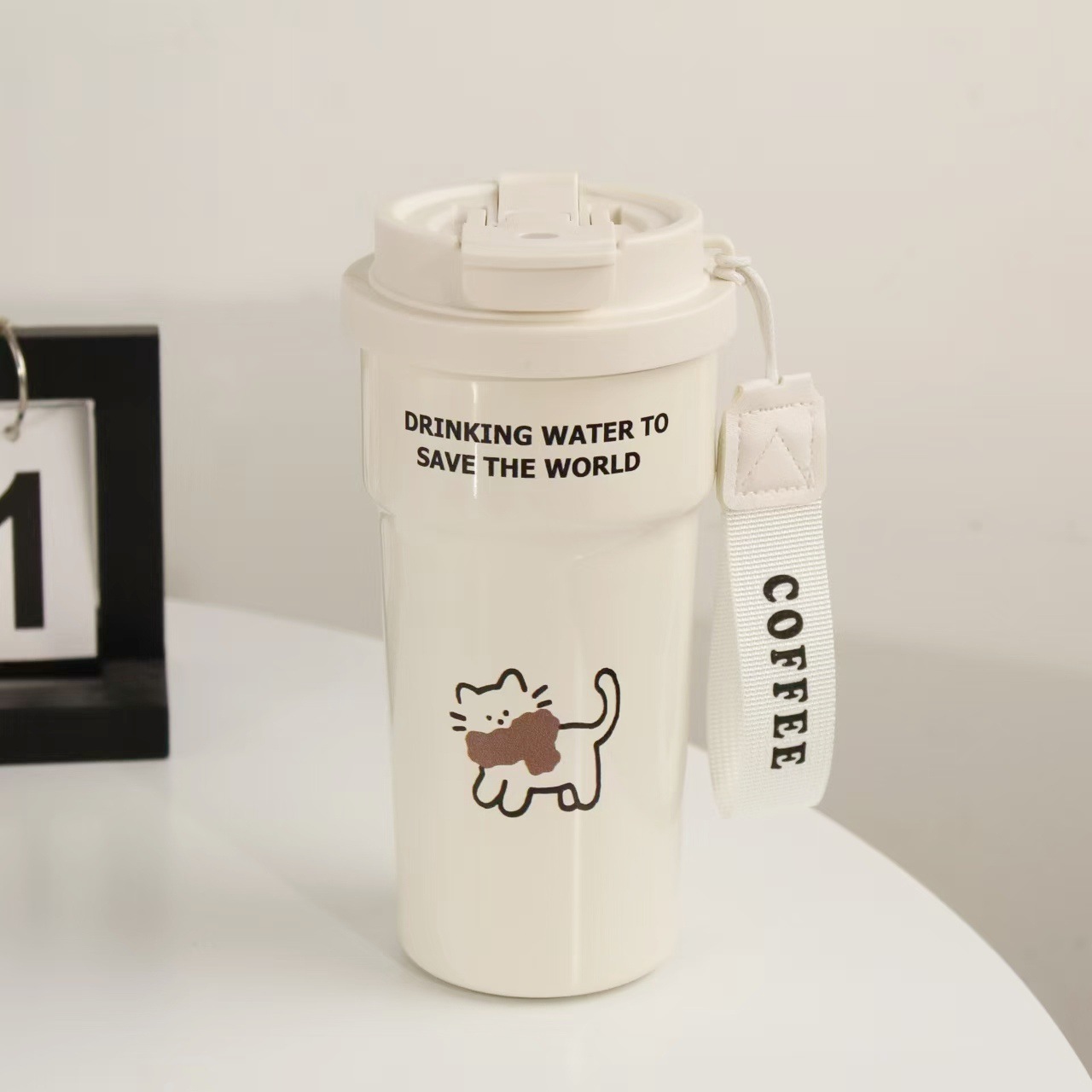 Cute Cat & Dog Design Insulated Coffee Cup for Women, Stylish 2-in-1 Straw & Direct Drink Portable Stainless Steel Thermos Water Bottle - 图片 4